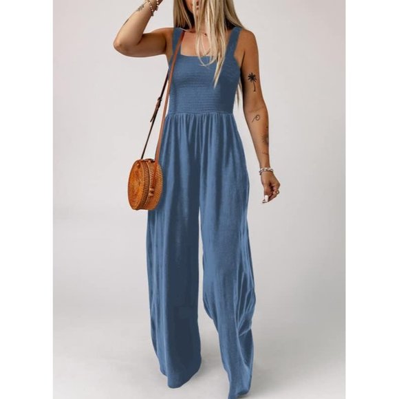 Women's Light Blue One Piece Sleeveless Wide Leg Long Pant Rompers With Pockets - Picture 3 of 6